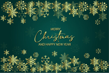 Merry Christmas and happy new year greeting card with golden snowflakes 