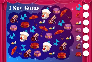 Kids I spy game with circus items and clowns, vector cartoon find and match riddle. Kids tabletop puzzle or I spy game with shapito funfair carnival clowns boots, dog balloon and cannonball