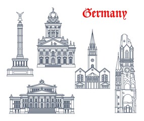 Germany architecture and landmark buildings of Berlin, vector icons. German church of Saint Matthew or St Matthaus Kirche, Victory Triumph Column, French cahtedral Franzosischer Dom of Friedrichstadt