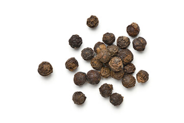 Flat lay (Top view) pile of Black peppercorns (Black pepper) isolated on white background.