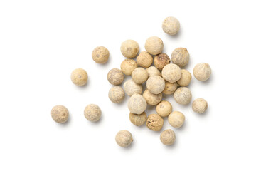 Flat lay (Top view) pile of white peppercorns (white pepper) isolated on white background.