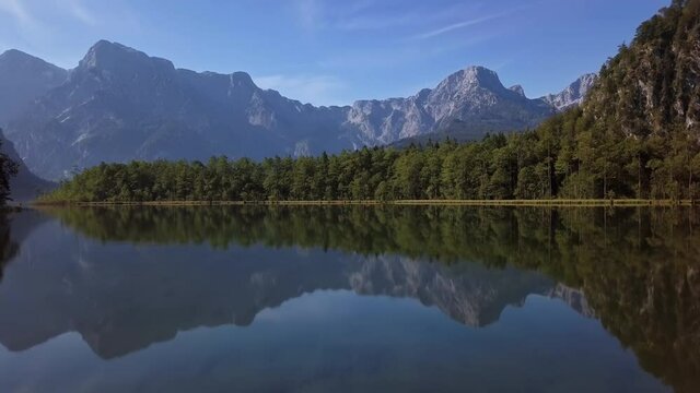 Morning flight over of Almsee, Austria