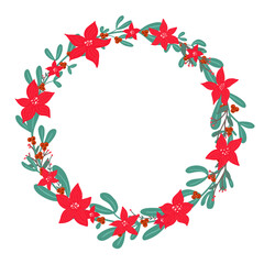 Fototapeta na wymiar Christmas holly berry mistletoe cute wreath with poinsettia - Christmas star winter flower in simple flat drawn style. Traditional festive laurel, empty round frame with copy space, holiday template