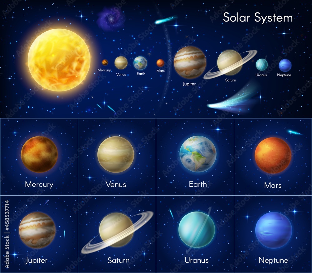 Poster astronomy galaxy infographics with asteroids or nebula. solar system planet vector infographic. sun,