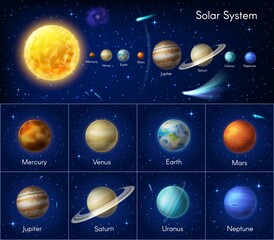 Astronomy galaxy infographics with asteroids or nebula. Solar system planet vector infographic. Sun, Mercury Venus and Earth, Mars Jupiter, Saturn and Uranus or Neptune space galaxy planets and stars. © Vector Tradition