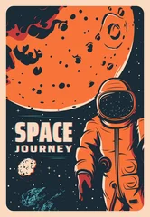 Fotobehang Astronaut in outer space, Mars planet exploration and galaxy adventure, vector retro poster. Spaceman in spacesuit from rocket or spaceship shuttle on lunar orbit galactic space discovery journey © Vector Tradition