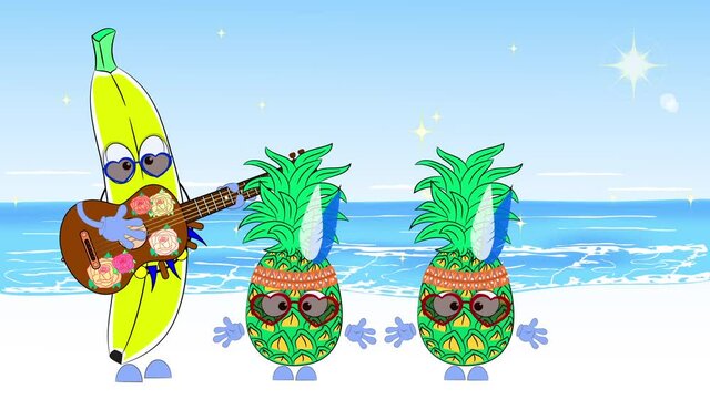 The cartoon character banana plays the ukulele. Dancing pineapples. Animation on the background of the sea.