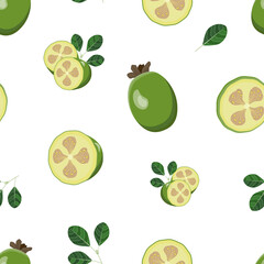 Fototapeta na wymiar Seamless vector pattern of cartoon green feijoa fruit with leaves, round slice of exotic feijoa and pieces of fruit. Background with stylized tropical feijoa fruit in different views and angles.