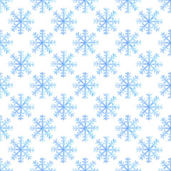 Seamless pattern with watercolor snowflakes of blue color. White background with small snow figures. Winter sample polka dot ornament for fabric, textiles, wallpaper, packaging, print