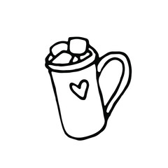 Coffee in a mug.Doodle.Lineart hand painted illustration.Coffee design.