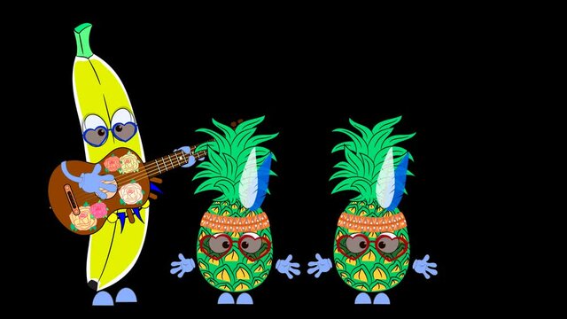 The cartoon character banana plays the ukulele. Dancing pineapples. Animation on a transparent background.