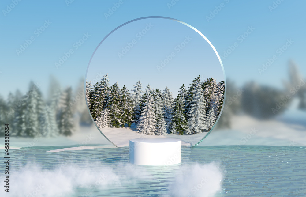 Poster abstract winter landscape scene with product stand. 3d rendering.