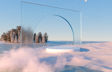 Abstract winter landscape scene with product stand. 3d rendering.