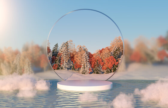 Abstract autumn winter landscape scene with product stand. 3d rendering.