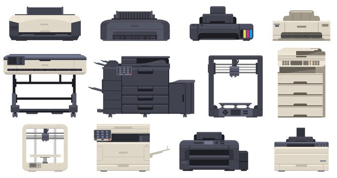 Printer Office Work Professional Scanner Copier Machines. Office Technology Printing Devices, 3d Printer, Copier Vector Illustration Set. Multifunction Office Machines