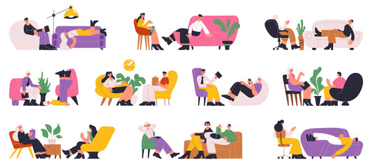 Psychotherapy help individual and group therapy consultation session. Psychotherapist session, patients sitting on sofa vector illustration set. Psychotherapist services