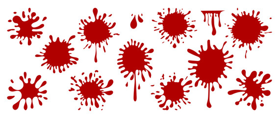 Happy halloween blood drops. Red hand drawn paint splatter, ink splatter background, liquid melt. Horror leak. Vector isolated illustration.
 - obrazy, fototapety, plakaty