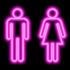 Neon pink symbol of the WC toilet male female on black background. Icon illustration