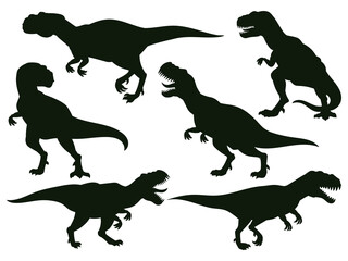 Cartoon jurassic predator tyrannosaurus rex, extinct t-rex silhouette. Jurassic ancient predator, t-rex raptor monster vector illustration set. Tyrannosaurus rex silhouettes