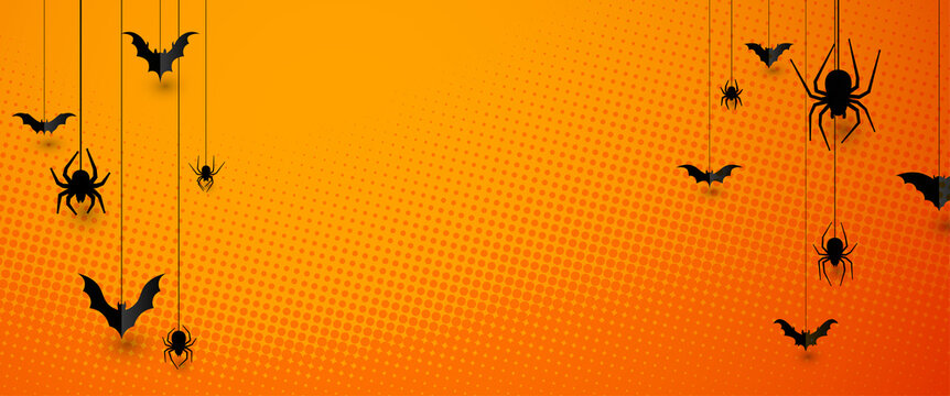 Half tone Halloween background with spiders and bats.