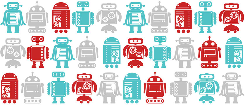 Compliance: 1980's style Robots in two seamless vector pattern. These robots repeat seamlessly to make a fun, retro background. 