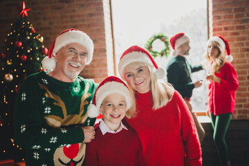 Photo portrait of grandparents celebrating winter holidays together with grandson wearing red headwear