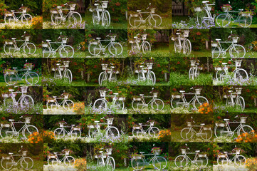 Collage of white bicycles with flowers.