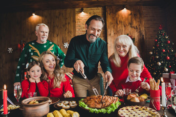 Photo of small childhood grandchildren pensioner retired grandmother grandfather friends noel people cut chicken table xmas indoors house