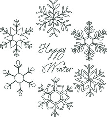 Postcard with snowflakes "Happy Winter". Winter design elements. Vector isolated illustration.
