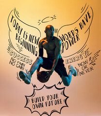 Artwork. Sportive african-american man, male basketball player in motion and action in neon light on orange background with lettering, graphics © master1305