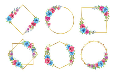 Set of golden floral frame with blue rose watercolor