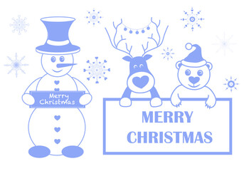 christmas card with deer and bear, Merry Christmas,  snowman with writing merry christmas, vector illustration, congratulations on the holiday, decor