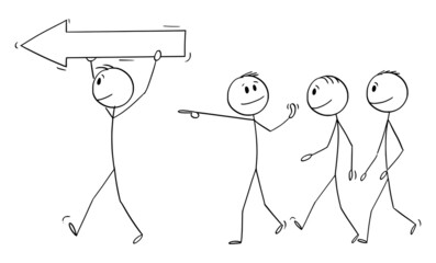 Leader Leading Team Forward on Way to Success, Vector Cartoon Stick Figure Illustration