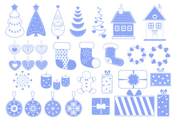 Fototapeta na wymiar Set of christmas elements, Christmas decorations, Christmas tree, gifts for decoration, New Year's mood, christmas trees and gingerbread house, vector illustration, page decoration
