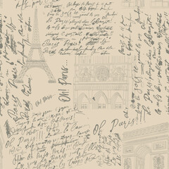 Fototapeta na wymiar Seamless pattern with the sights of Paris. The Eiffel Tower, Notre Dame de Paris, the Arc de Triomphe in the engraved style with handwritten text.