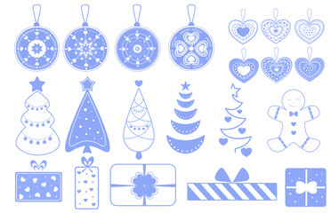 Fototapeta na wymiar Set of christmas elements, Christmas decorations, Christmas tree, gifts for decoration, New Year's mood 