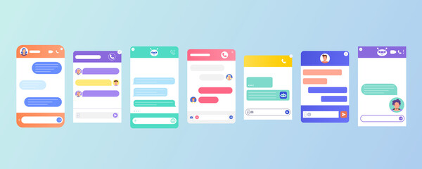 Chat bot dialogue windows flat design for website or mobile app. User interface of application with dialog boxes. Conversation with robot assistant. Ai chatbot for online customer service support.