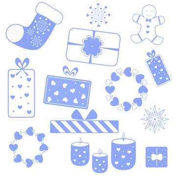 set of christmas icons, christmas items, gingerbread man and christmas sock, gifts, blue wreath, snowflakes for decoration