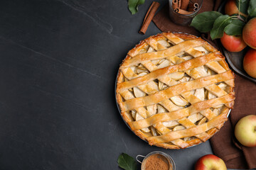 Delicious traditional apple pie on black table, flat lay. Space for text