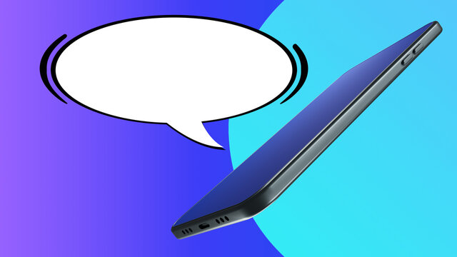 Smartphone chat. Virtual communication. Online chat. Mobile phone and quotes frames. Dialog box bubble and smartphone. Collage in magazine style. Free place for text in online correspondence. 3d image