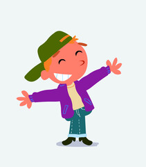 cartoon character of little boy on jeans opening arms very happy.