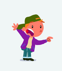 cartoon character of little boy on jeans pointing at something outraged.
