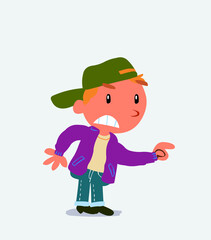 cartoon character of little boy on jeans pointing something aggressively.