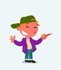 cartoon character of little boy on jeans says something funny while pointing to the side with a pencil.