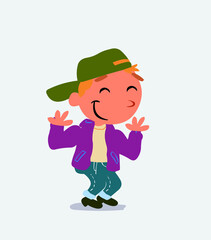 cartoon character of little boy on jeans shrinks somewhat shy.