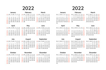 Vertical calendar 2022. Happy New Year. Vector template. Wall A4 pocket desk table calendar. Week starts on Monday. Week starts on Sunday