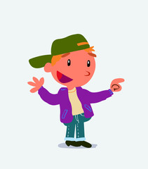 cartoon character of little boy on jeans smiling while pointing.