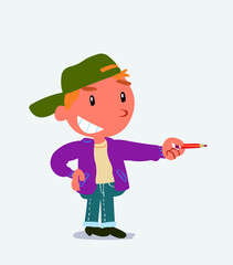 happy cartoon character of little boy on jeans points with pencil to the side.