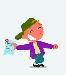 happy cartoon character of little boy on jeans rejoices with exam in hand.