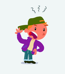 Indigned cartoon character of little boy on jeans vehemently shakes his hand.